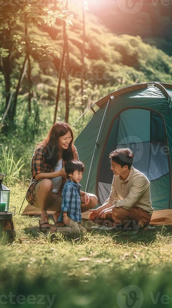 AI Generative Happy family camping in the forest taking selfie portrait together  Mother father and son having fun trekking in the nature sitting in front of the tent  Family nature and trekking photo