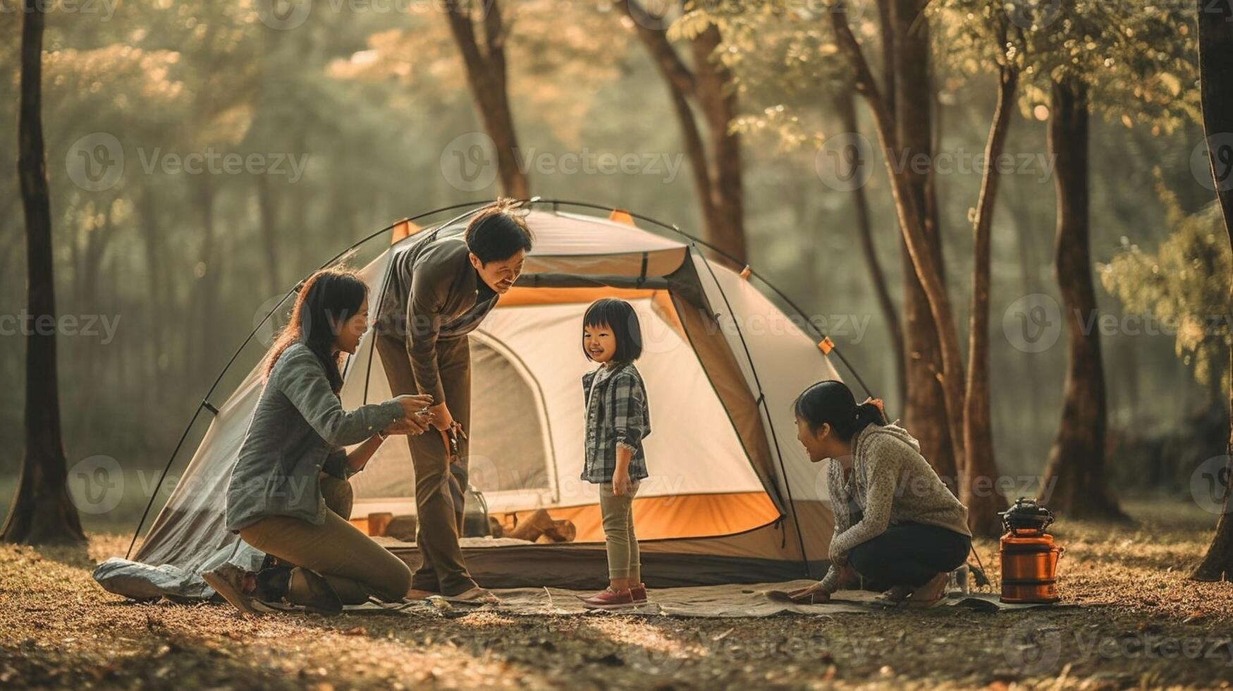 AI Generative Happy family camping in the forest playing guitar and singing together  Mother father and son having fun trekking in the nature sitting in front of the tent  Family nature and trek photo