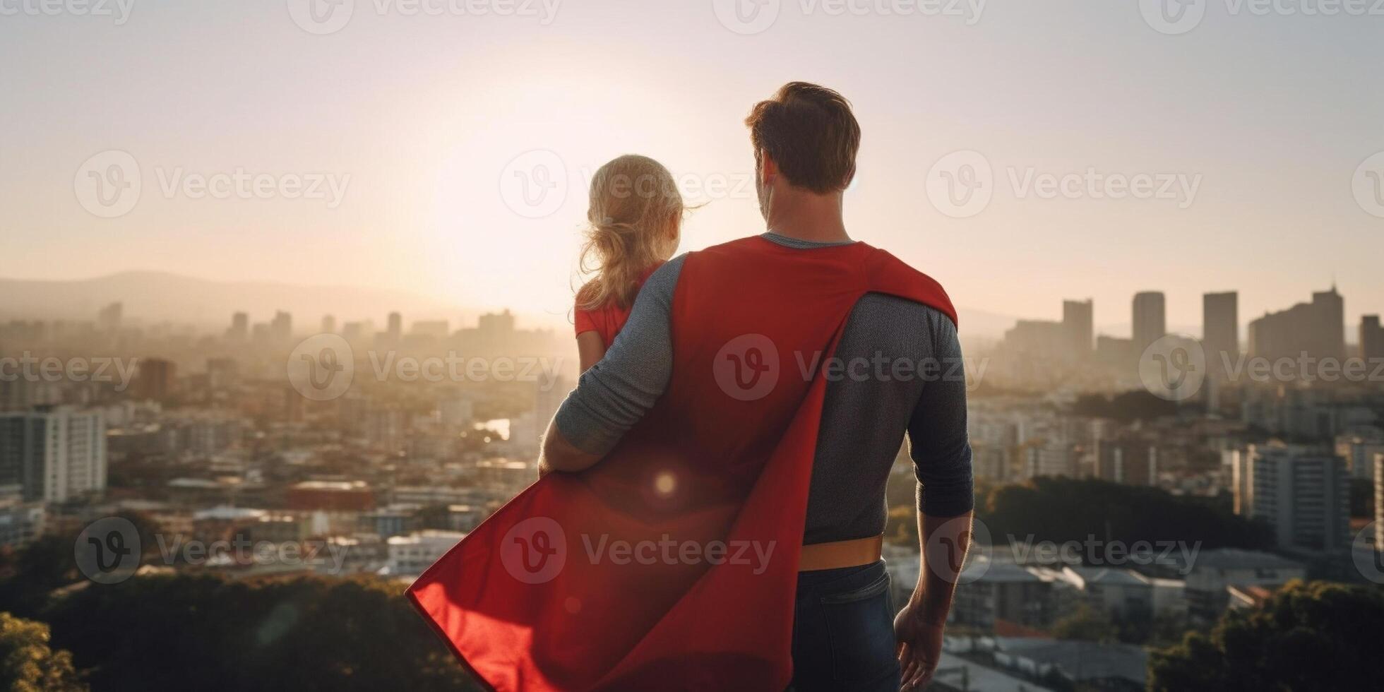 AI Generative Happy family playing together outside  Kid in a superhero costume having fun with mother and dad in the park at sunset  Family love and childhood concept photo