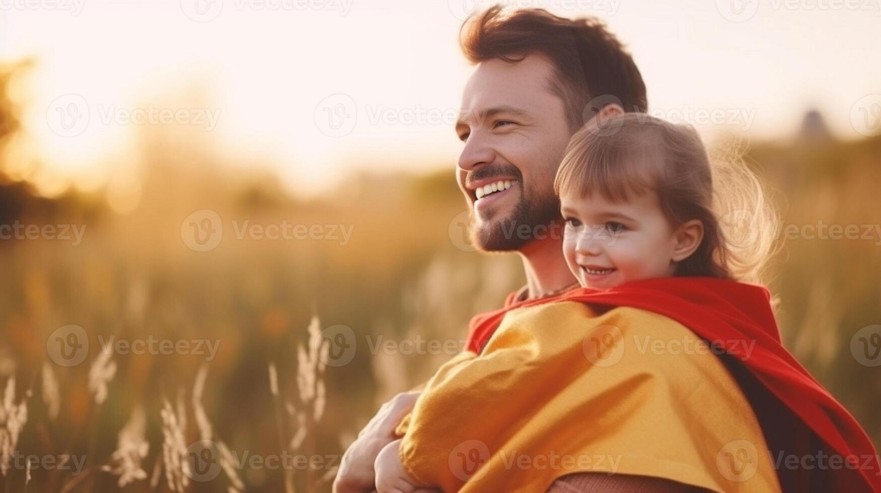 ai generativo contento familia jugando juntos fuera de niño en un superhéroe disfraz teniendo divertido con madre y papá en el parque a puesta de sol familia amor y infancia concepto foto