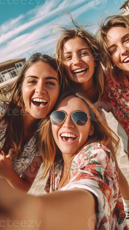 ai generativo contento hembra amigos tomando selfie imagen con inteligente móvil teléfono dispositivo fuera de Tres joven mujer teniendo divertido colgando fuera en ciudad calle adolescentes fanático a social medios de comunicación tú foto