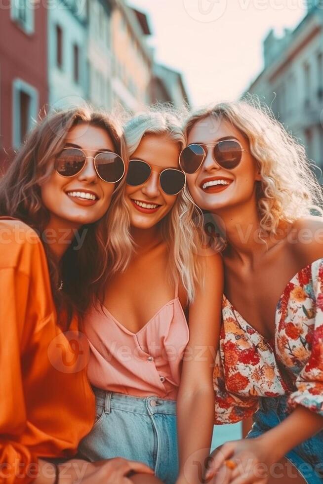 AI Generative Happy female friends taking selfie portrait enjoying summer vacation in Italy  Cheerful young women having fun walking on city street  Summertime holidays life style concept photo