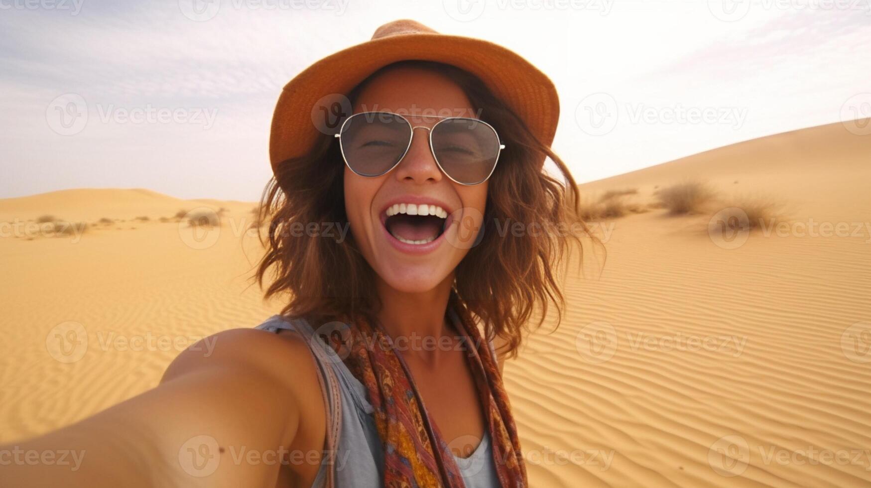 ai generativo contento hembra turista tomando selfie en arena dunas en el África Desierto Sáhara nacional parque hombre de influencia viaje blogger disfrutando viaje mientras toma yo retrato verano vacaciones y w foto