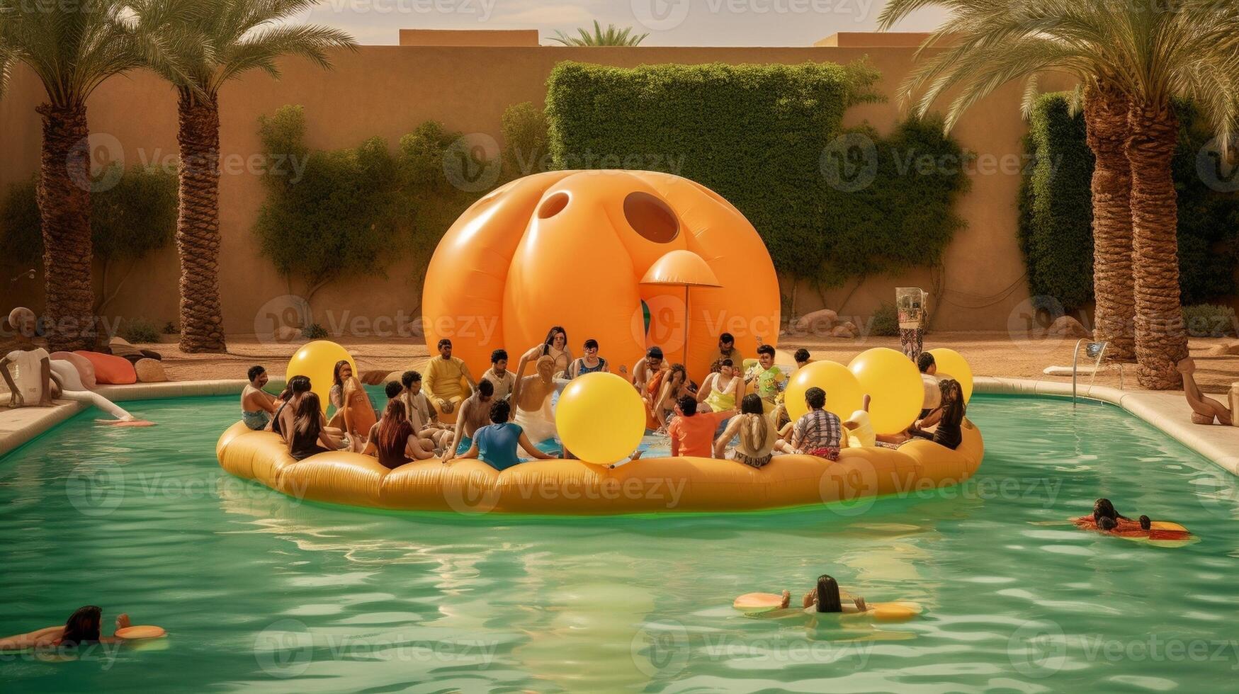 AI Generative Happy group of friends enjoying swimming pool party at the resort holding inflatables Young people exclusive holiday with arms up in the hotel photo