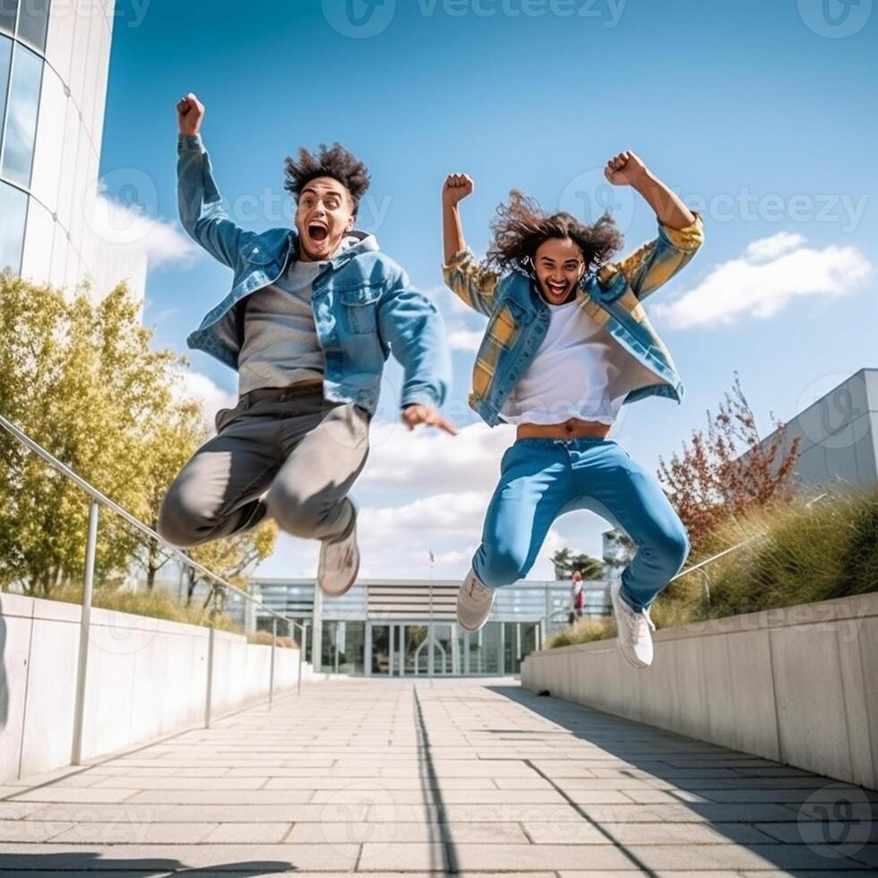 AI Generative Happy group of young people jumping on city street  Multiracial students college celebrating outside  Life style concept with guys and girls having fun together hanging outside photo