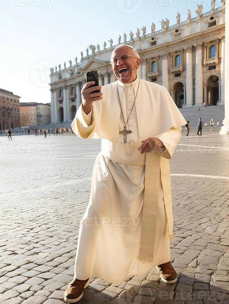 ai generativo contento hermoso caucásico hombre tomar un selfie retrato en frente de S t peters catedral a Vaticano ciudad Roma Italia foto