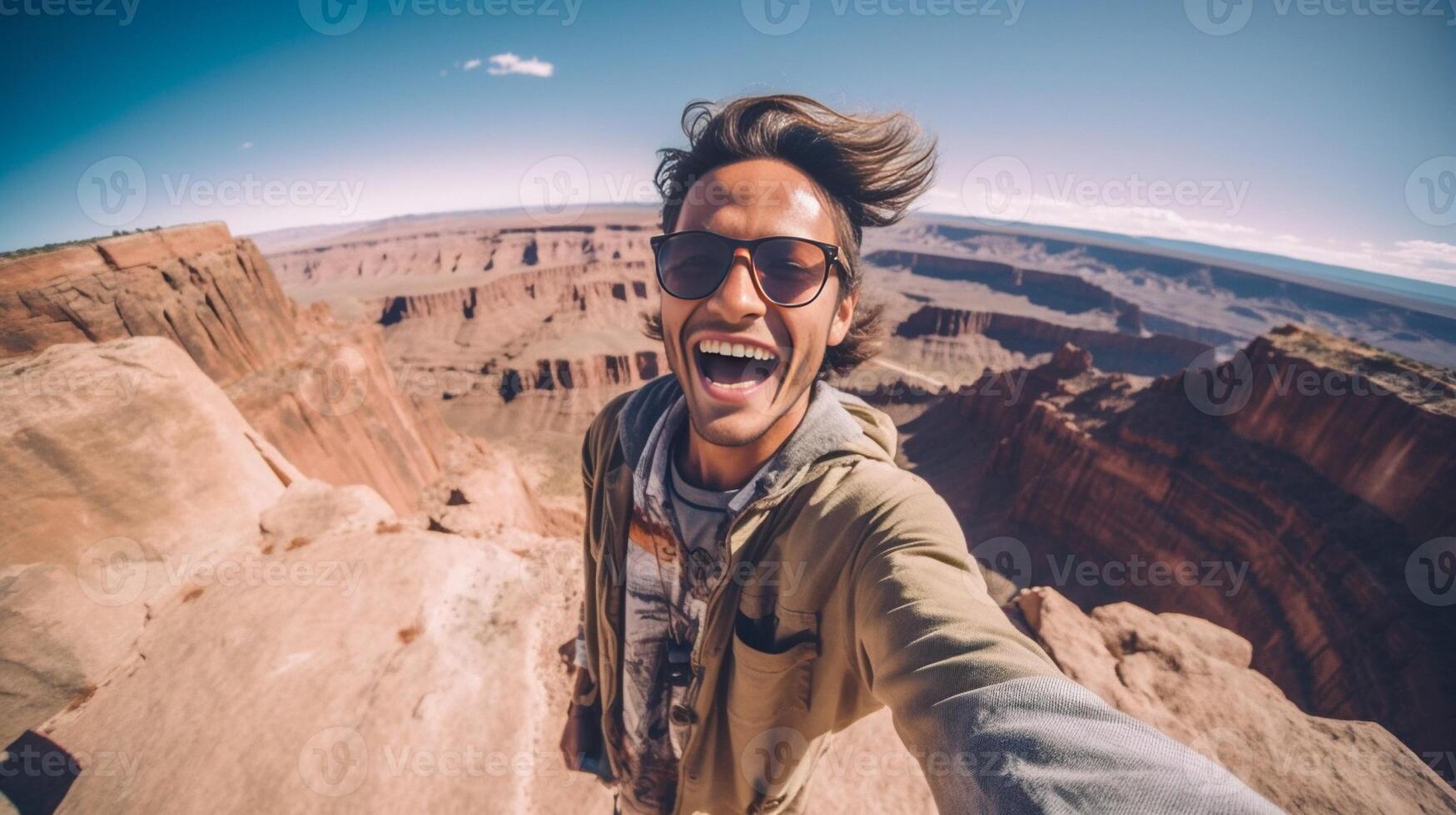 ai generativo contento hombre con mochila y Gafas de sol tomando selfie imagen en parte superior de el montaña alegre caminante alpinismo el acantilado al aire libre viaje blogger mirando a cámara pov ver foto