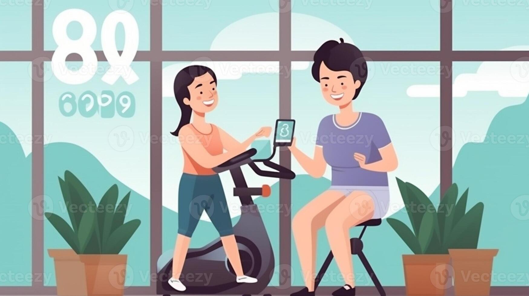 AI Generative Happy mother and daughter taking a selfie workout gym at home during quarantine Concept about people family gym at home sport photo