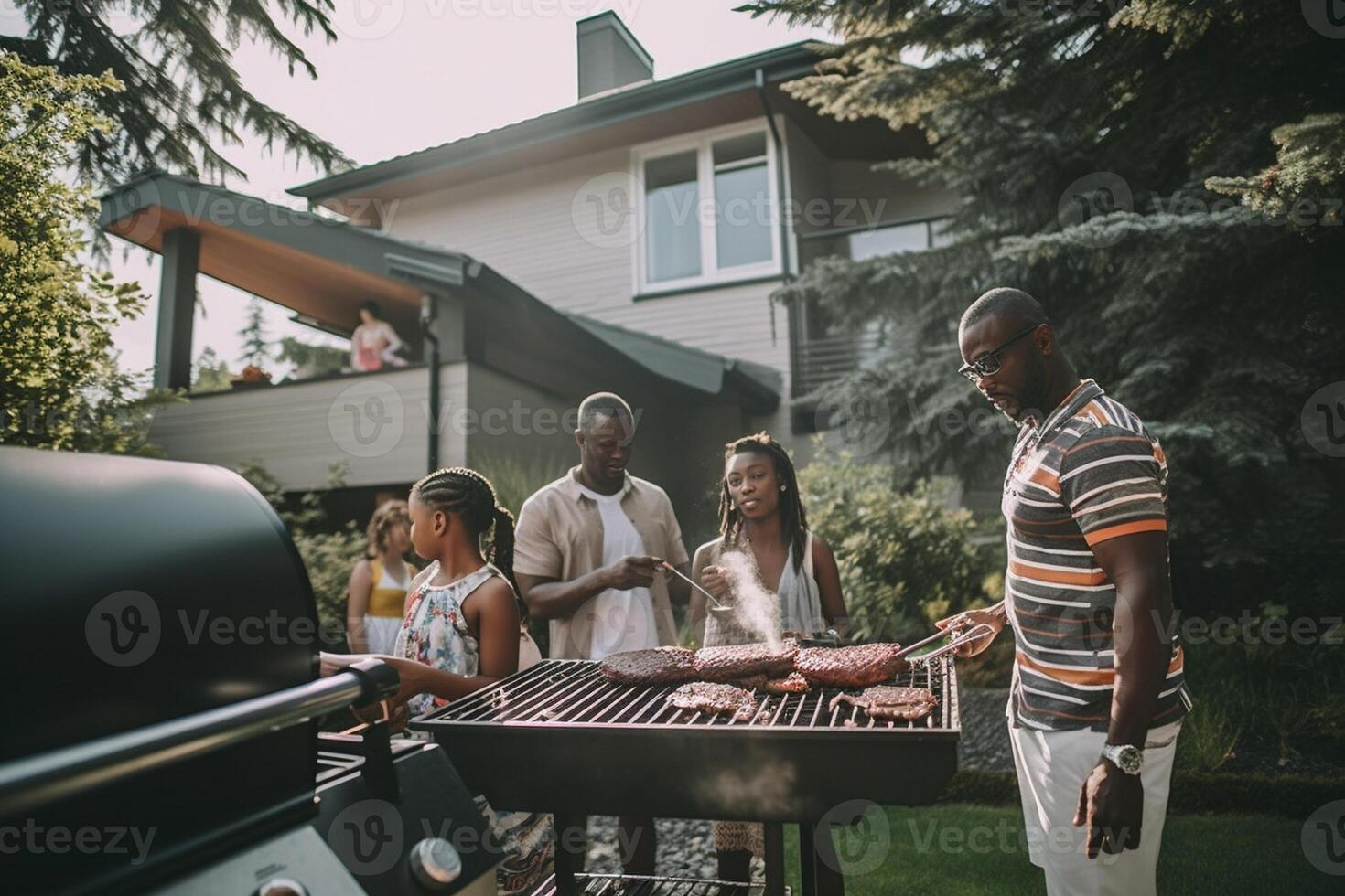 ai generativo contento multirracial familia teniendo barbacoa cena fiesta fuera de grupo de amigos comida a jardín restaurante joven personas disfrutando almuerzo descanso juntos comida y bebida estilo de vida concentrado foto