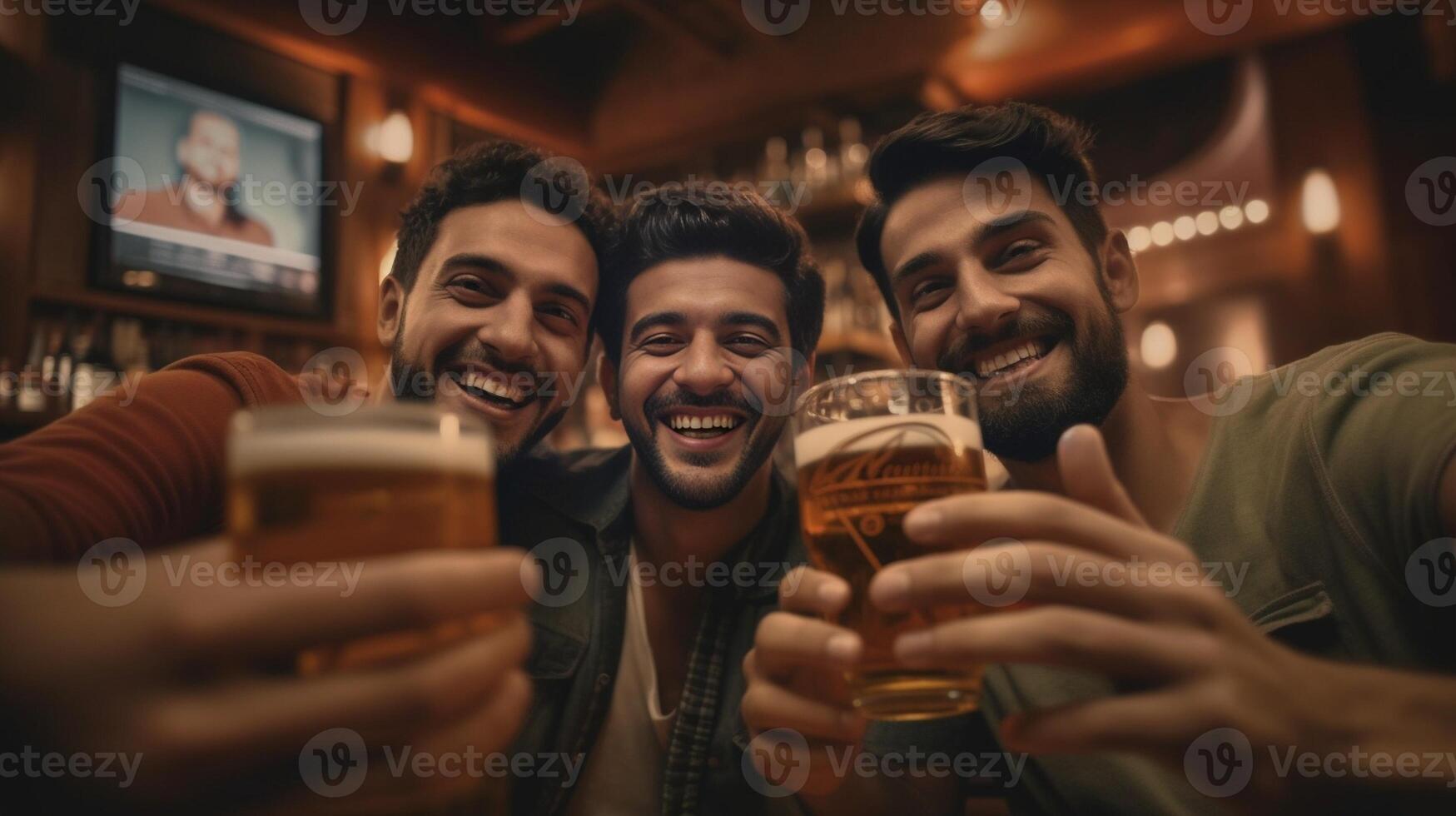 ai generativo contento multirracial amigos Bebiendo cerveza a cervecería pub joven personas teniendo divertido tomando un selfie a bar restaurante amistad concepto foto