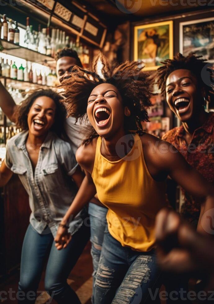 AI Generative Happy multiracial friends group drinking beer at brewery pub restaurant  Friendship concept with young people having fun drinks on happy hour  Focus on black woman photo