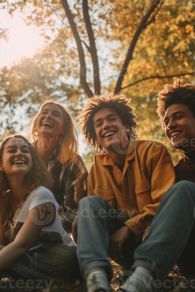 ai generativo contento multirracial amigos acostado en el césped riendo juntos joven personas teniendo divertido al aire libre a puesta de sol concepto acerca de personas amistad y estilo de vida foto