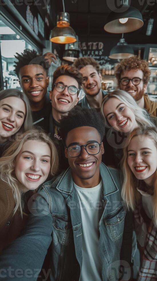 ai generativo contento multirracial amigos tomando un grupo selfie a restaurante joven milenario personas riendo juntos teniendo divertido a almuerzo descanso cumpleaños fiesta trabajo en equipo y amistad concepto foto