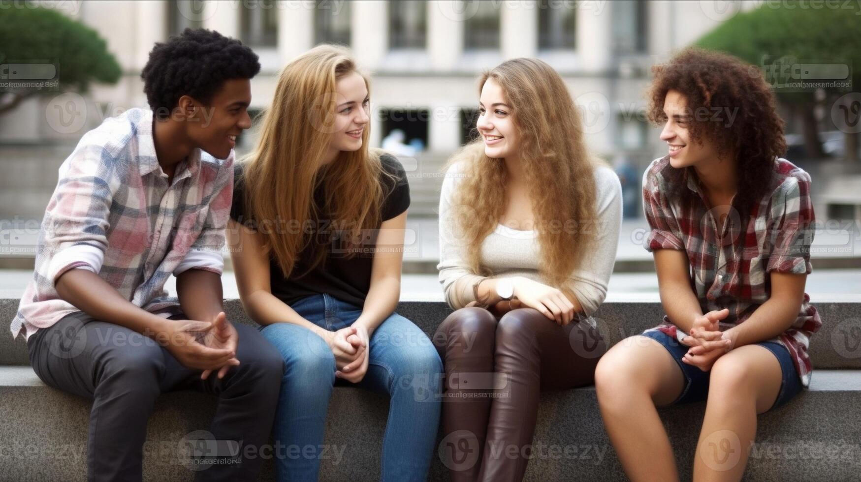 ai generativo contento multirracial estudiantes teniendo divertido sentado en Universidad instalaciones sonriente amigos hablando y riendo juntos fuera de escuela secundaria adolescentes socializando en frente de colegio juventud C foto