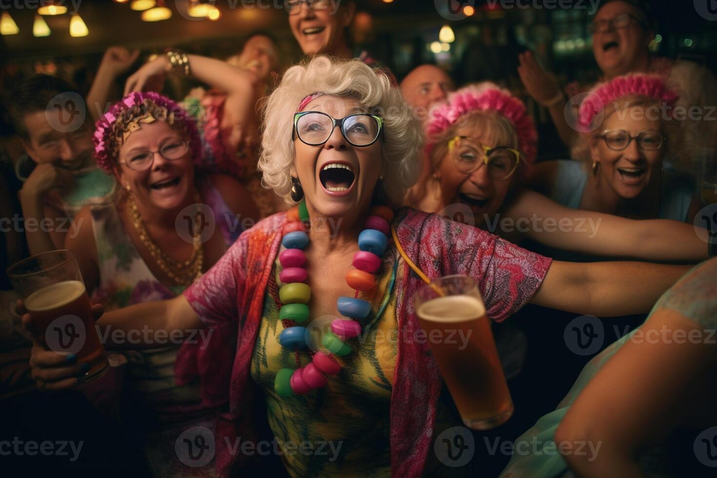 AI Generative Happy senior women drinking cocktail glasses sitting at bar table  Group of best friends enjoying happy hour cheering drinks at pub restaurant  Life style concept with girls hangin photo