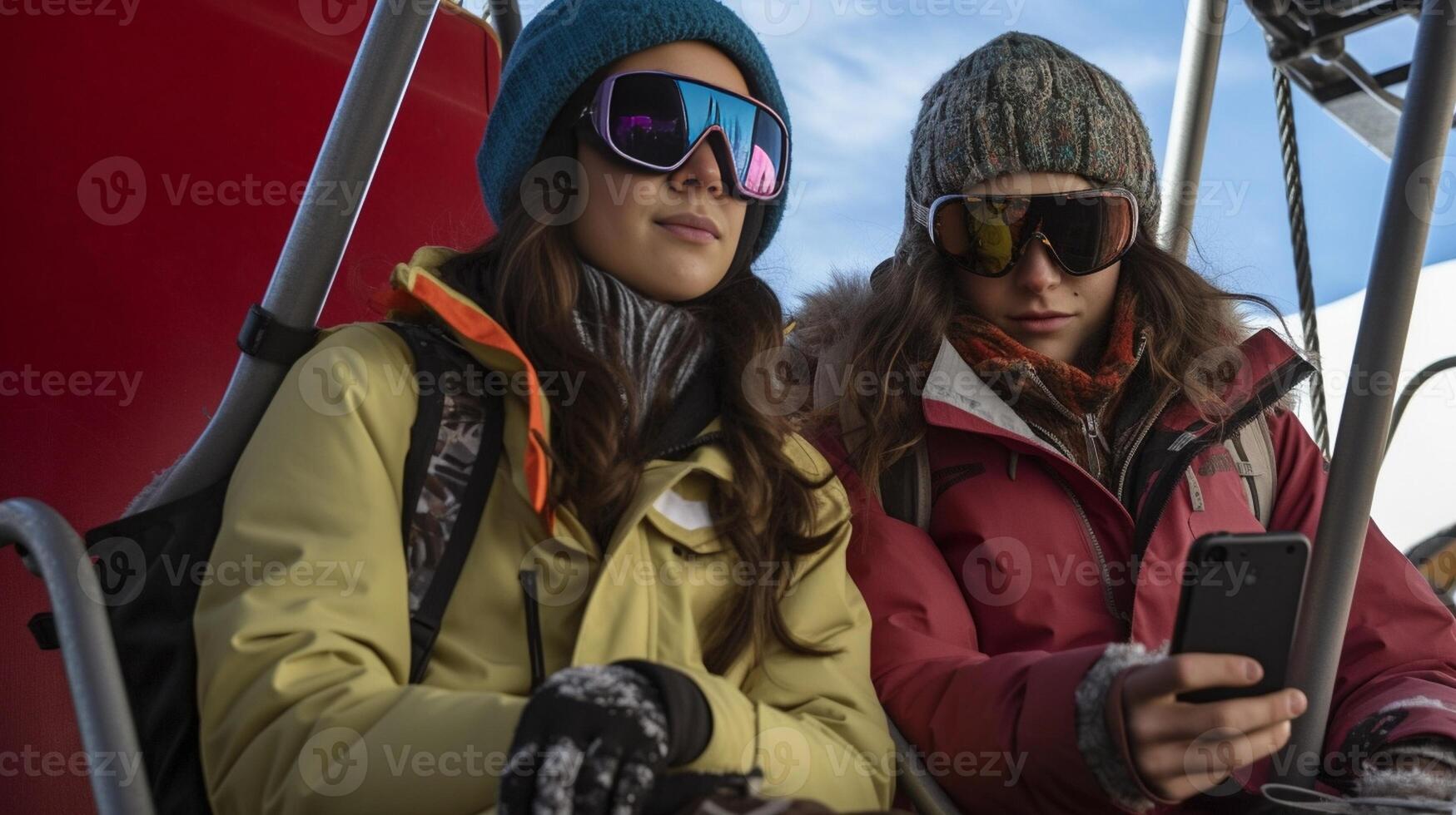 ai generativo contento esquiador Pareja tomando un selfie a vacaciones en el telesquí foto