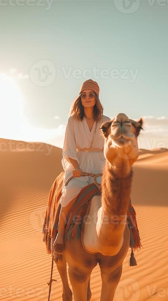 AI Generative Happy tourist having fun enjoying group camel ride tour in the desert  Travel vacation activities and adventure concept photo