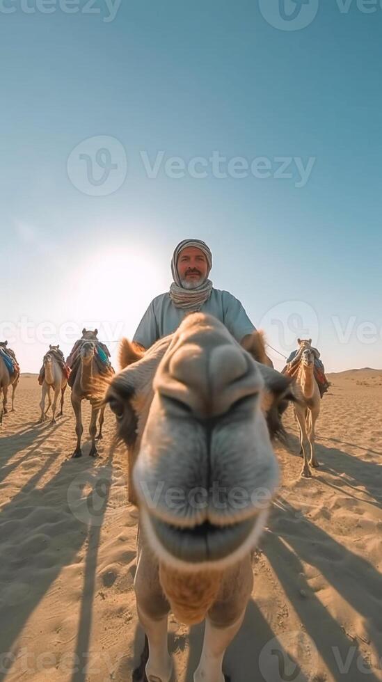 AI Generative Happy tourist having fun enjoying group camel ride tour in the desert  Travel vacation activities and adventure concept photo