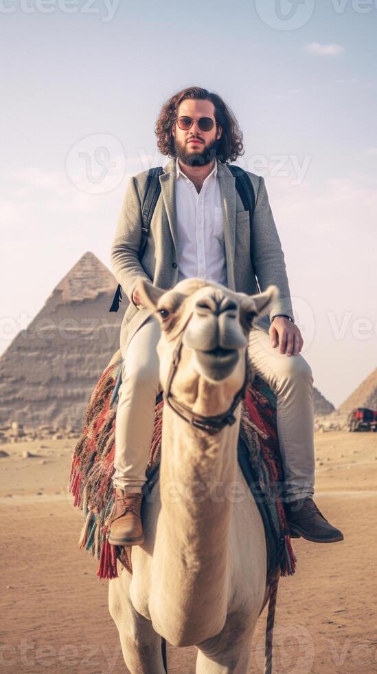 ai generativo contento turista teniendo divertido disfrutando grupo camello paseo excursión en el Desierto viaje vida estilo vacaciones ocupaciones y aventuras concepto foto