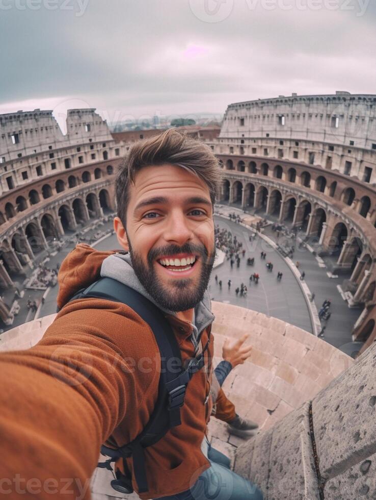 AI Generative Happy tourist taking selfie portrait in Rome Italy  Young man smiling at camera on vacation  Landmarks people and lifestyle concept photo