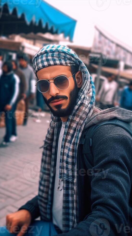 AI Generative Happy tourist visiting Jamaa elFna market Morocco  Handsome man taking selfie enjoying summer vacation outside  Holidays and travel blogger concept photo