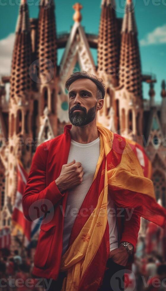 AI Generative Happy tourist visiting La Sagrada Familia Barcelona Spain  Smiling man taking a selfie outdoor on city street  Tourism and vacations concept photo