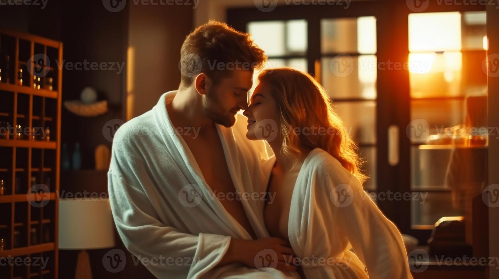 ai generativo contento joven Pareja teniendo divertido juntos jugando con afeitado espuma en el baño novio y Novia en amor disfrutando hora juntos canto a hogar foto