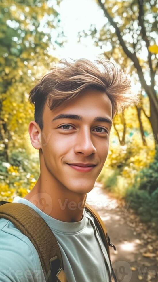 ai generativo contento joven hombre tomar un selfie en un excursión en el bosque a verano hermoso chico tomando un yo retrato con su teléfono inteligente foto