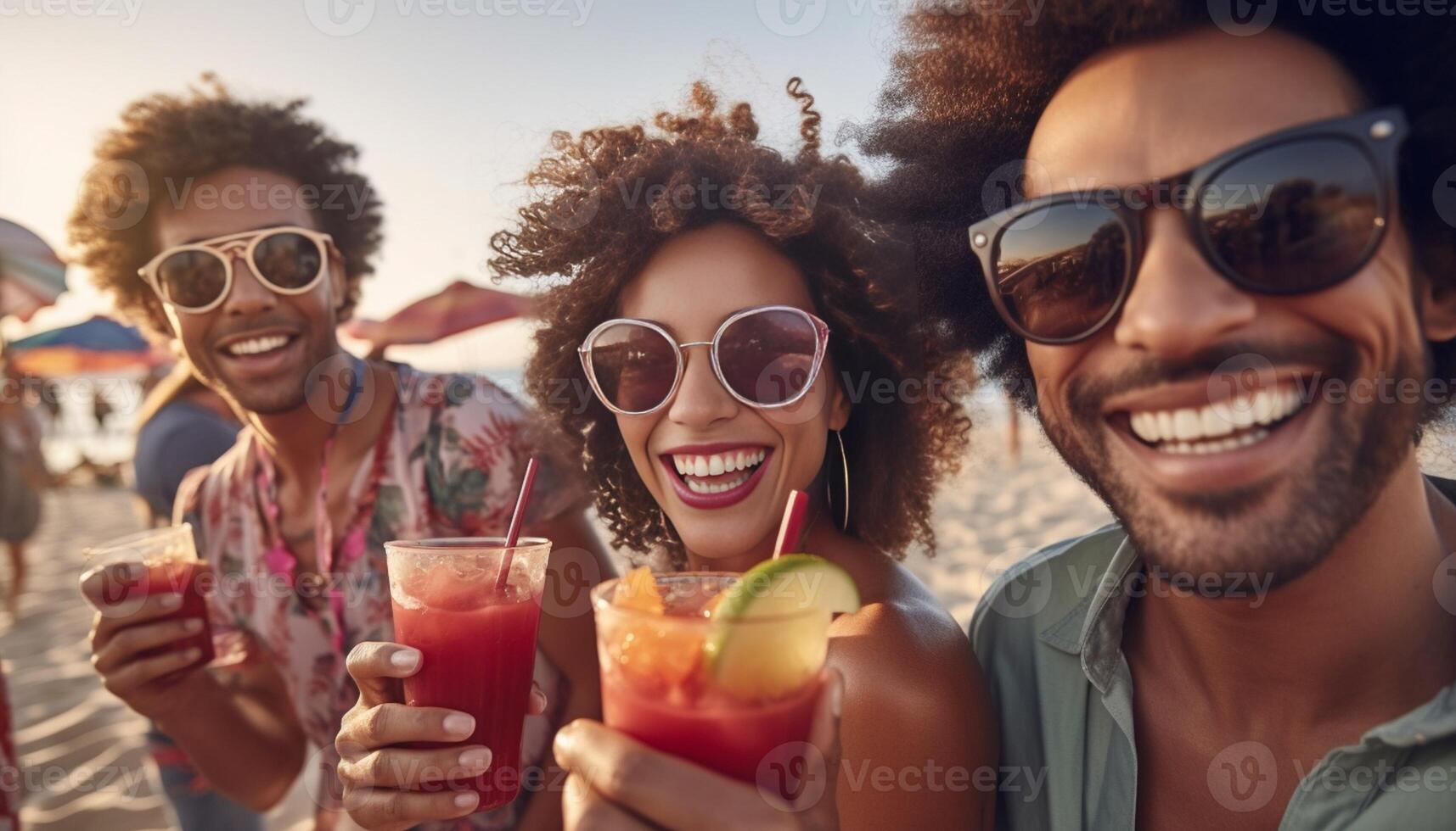 AI Generative Happy young people cheering cocktail glasses together at beach party  Multiethnic friends enjoying happy hour sitting at bar table  Youth lifestyle and summertime vacations concept photo