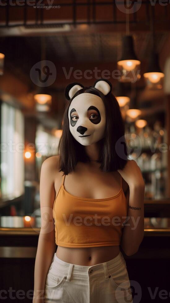 AI Generative Happy young woman wearing face mask smiling at the camera at the restaurant caf Group of friends drinking coffee sitting at the bar New normal concept photo