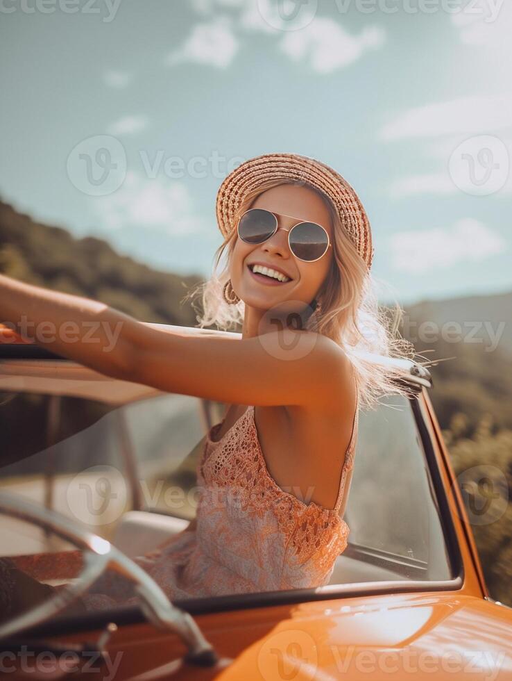 AI Generative Happy young woman takes a selfie on a convertible car at vacation at summertime photo