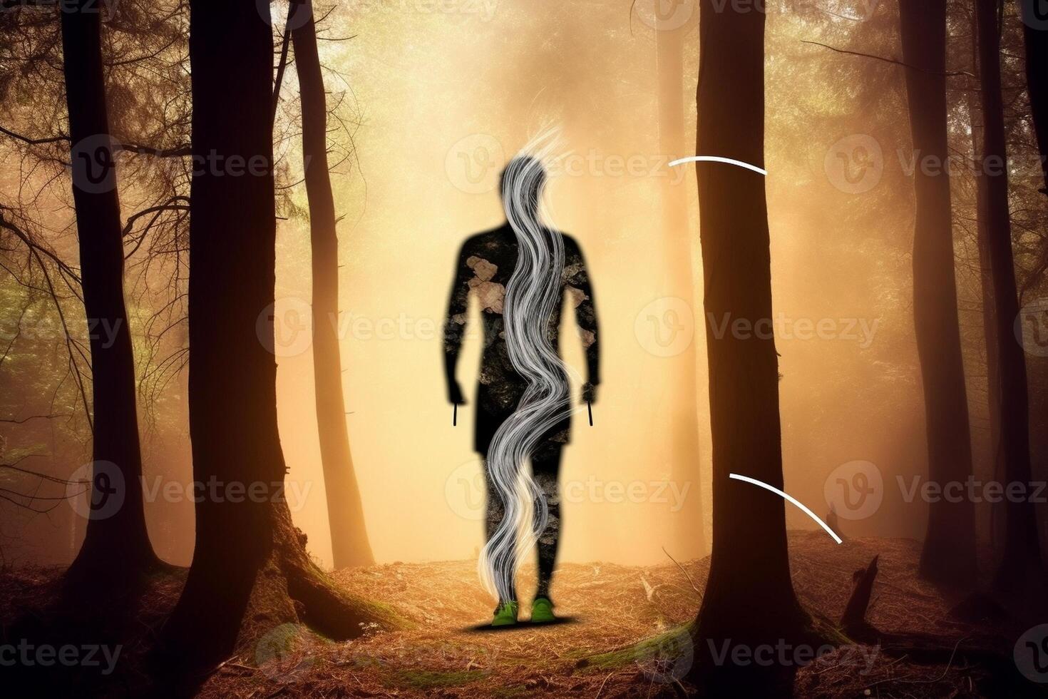 AI Generative Hiker is walking on a trunk of a tree in the forest  he is keeping in balance photo