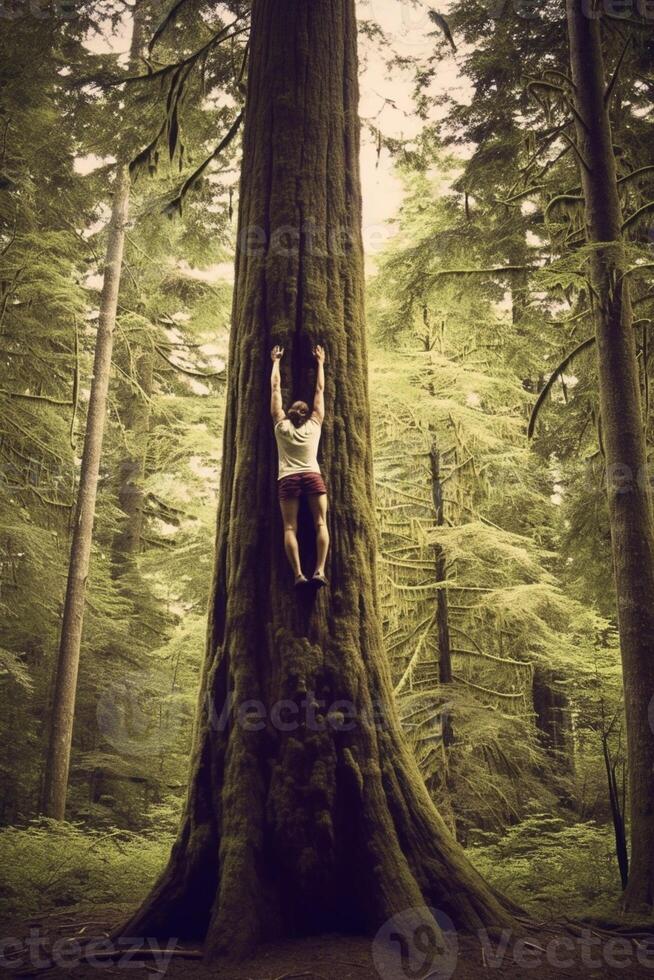 AI Generative Hiker is walking on a trunk of a tree in the forest  he is keeping in balance photo