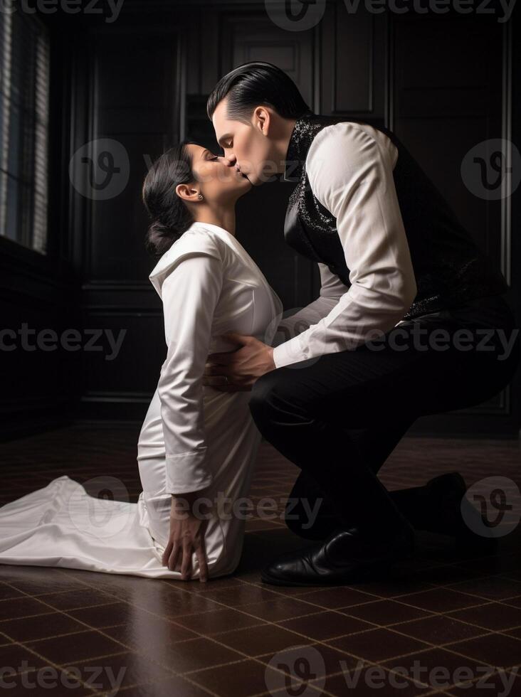 AI Generative Husband and wife kissing lying on the floor at home  Young couple just moved into new apartment  People and relocation concept photo