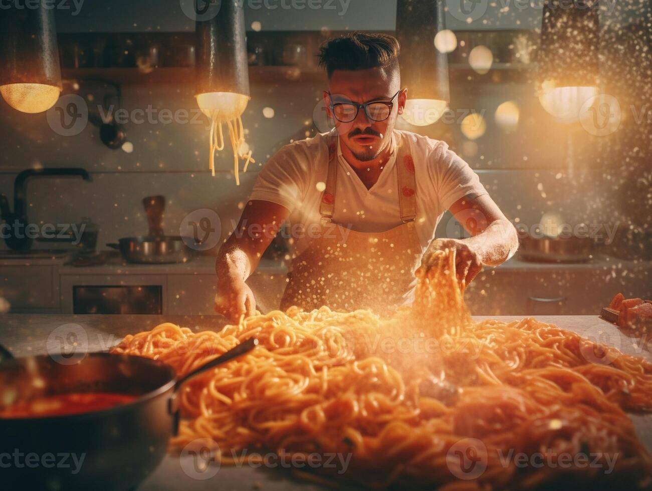 AI Generative Italian chef of a restaurant taking a selfie cooking spaghetti food photo