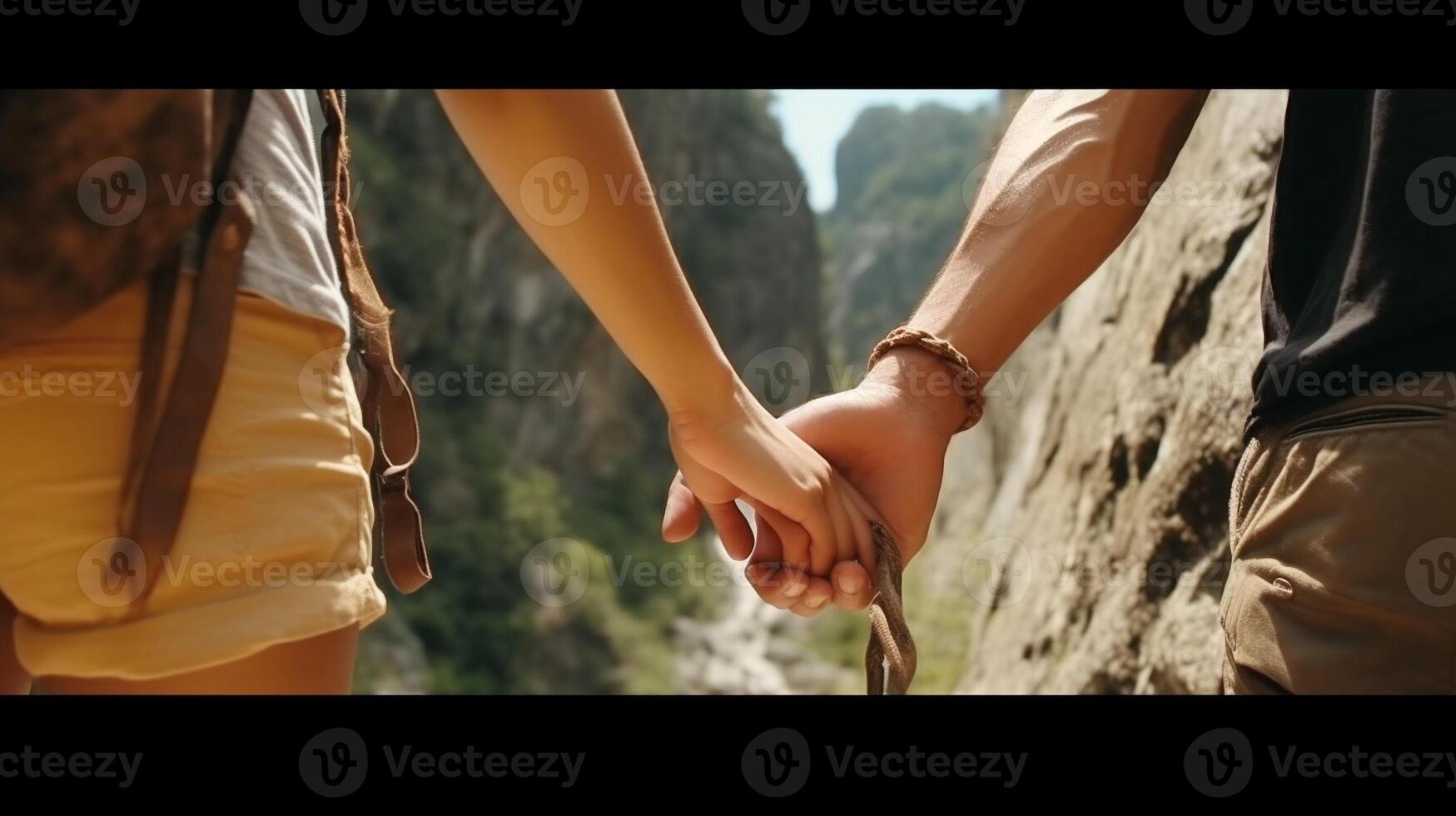 AI Generative Love couple Closeup Young woman holding man hand while leading him on nature outdoor Concept about travel and love photo