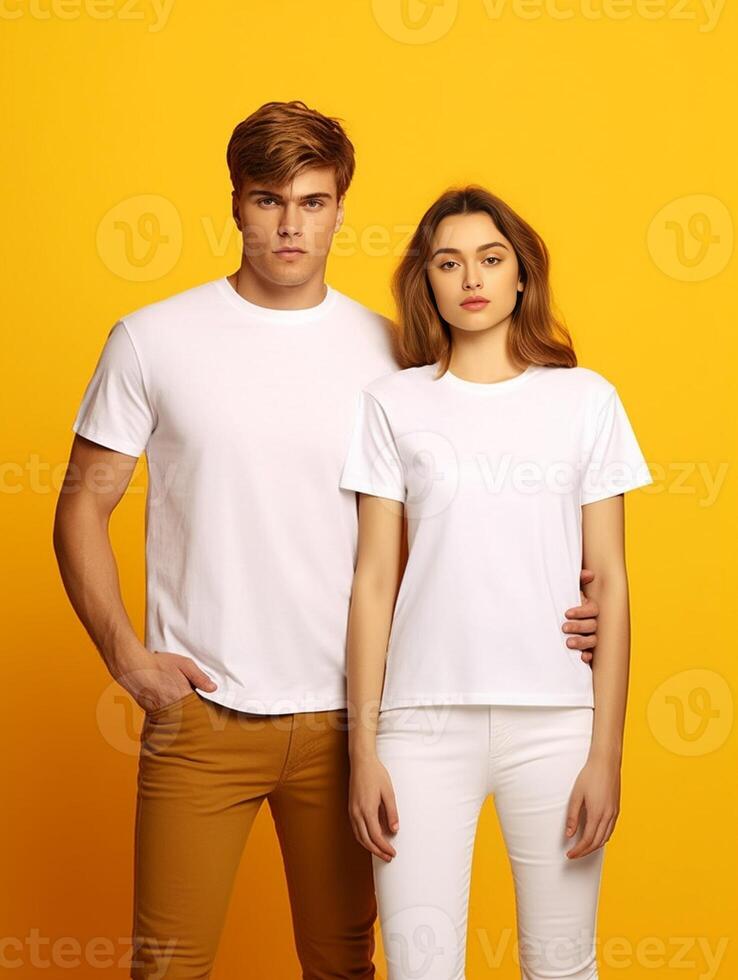 AI Generative Lovely couple posing for family portrait smile joyfully on a yellow wall background Happy tourist at holiday portrait Boyfriend and girlfriend on a date photo