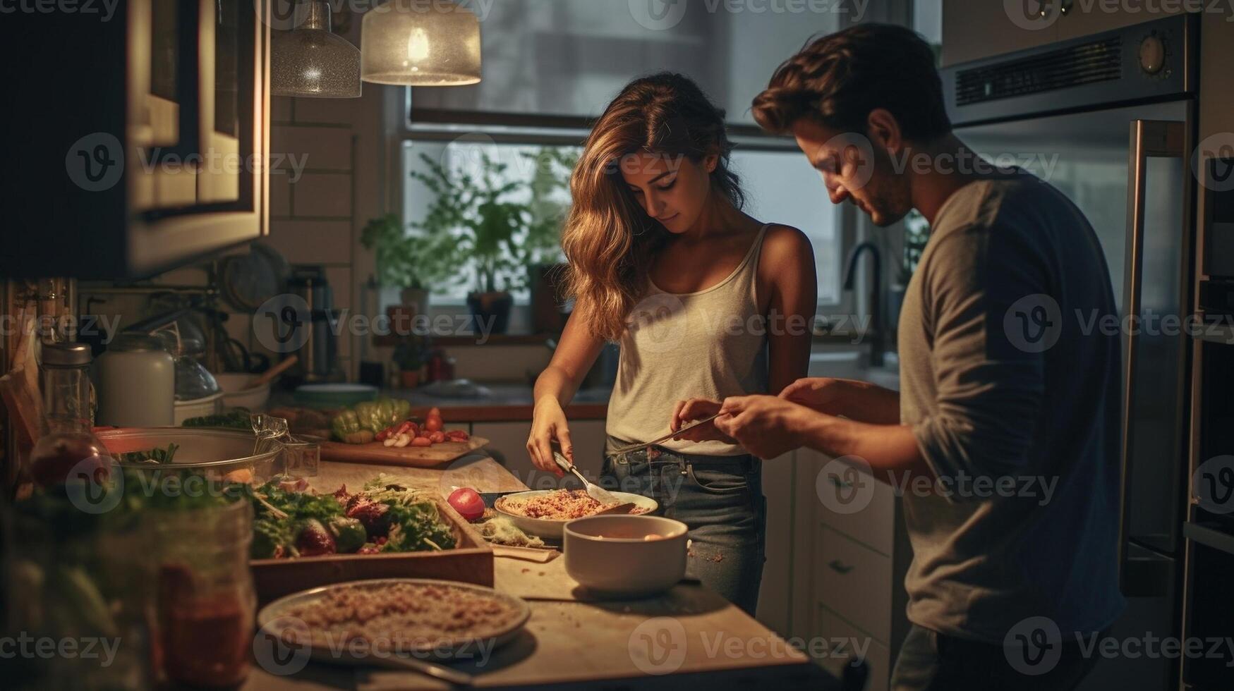 AI Generative Loving couple cooking together vegetables in the kitchen at home Vintage filter Concept about food people and lifestyle photo