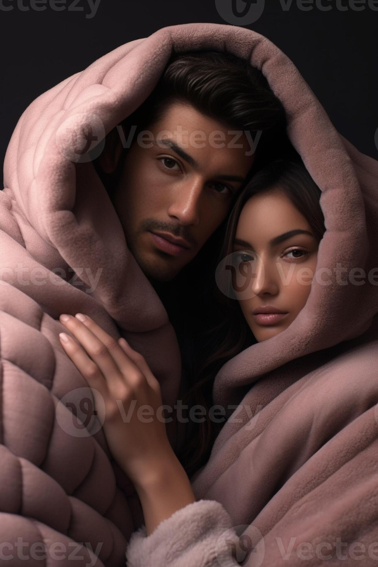 AI Generative Loving couple in the bed under the blanket looking at the