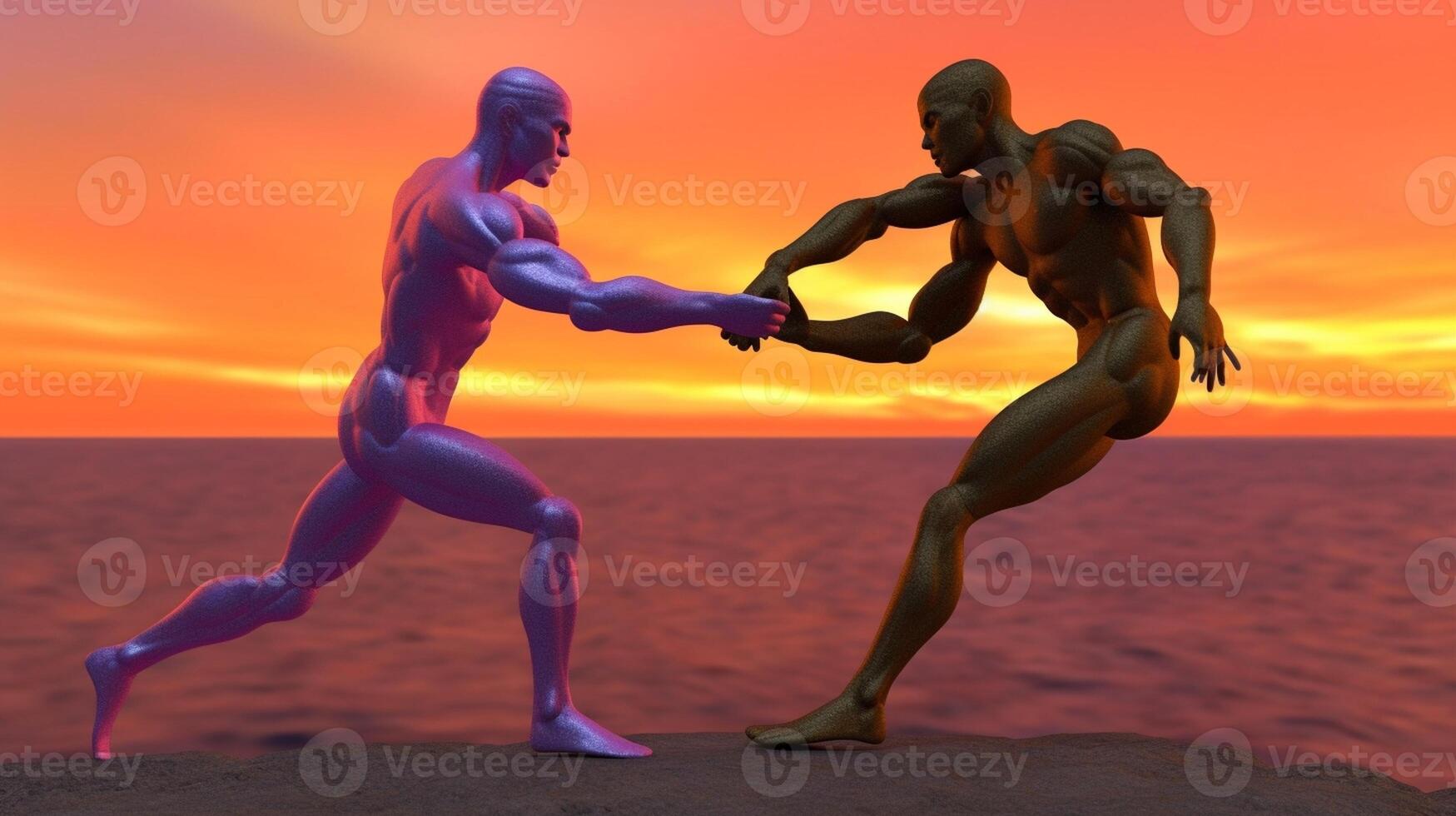 AI Generative Maartial arts fight between master and his pupil at the beach during the sunrise concept about people lifestyle and sport photo