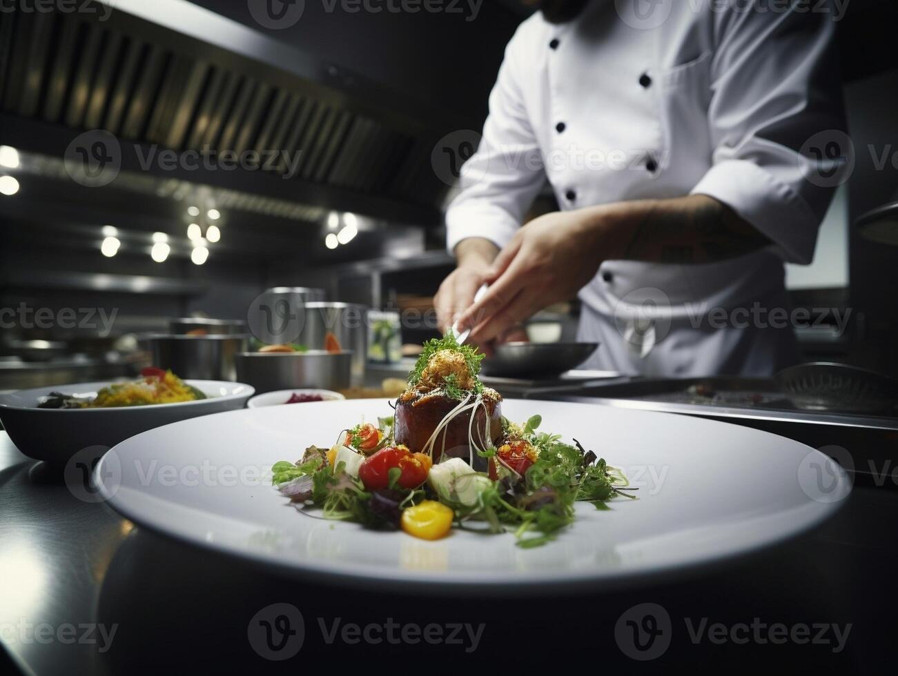 AI Generative Male chef preparing a salad in the kitchen of a restaurant Food concept photo
