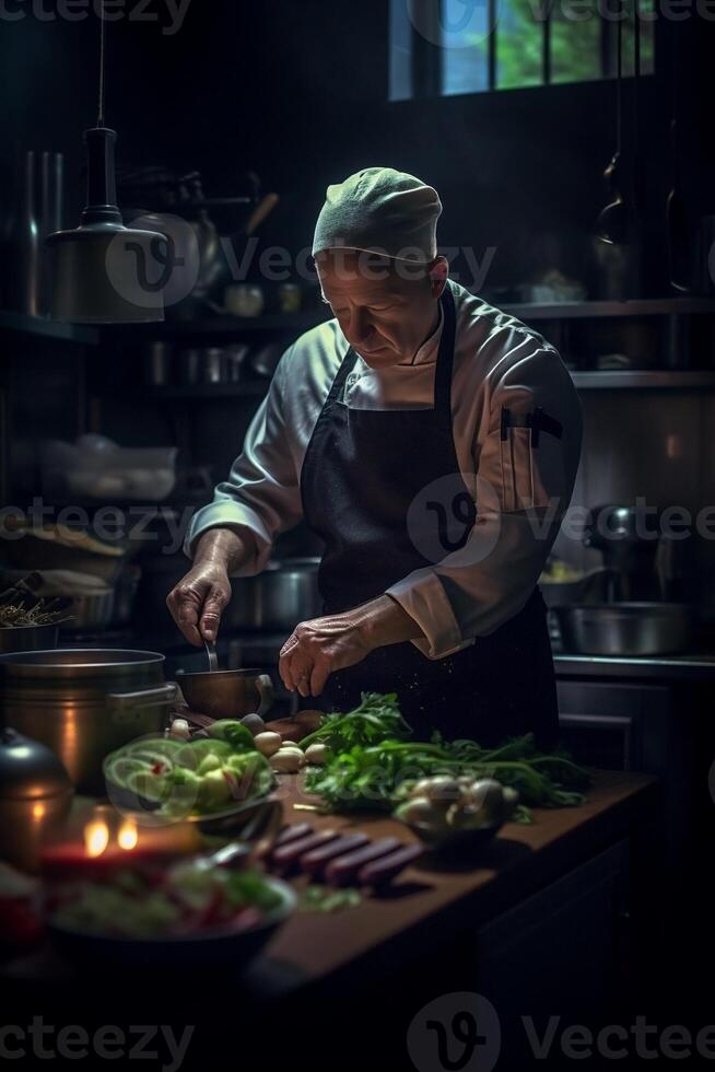 ai generativo masculino cocinero preparando un ensalada en el cocina de un restaurante foto