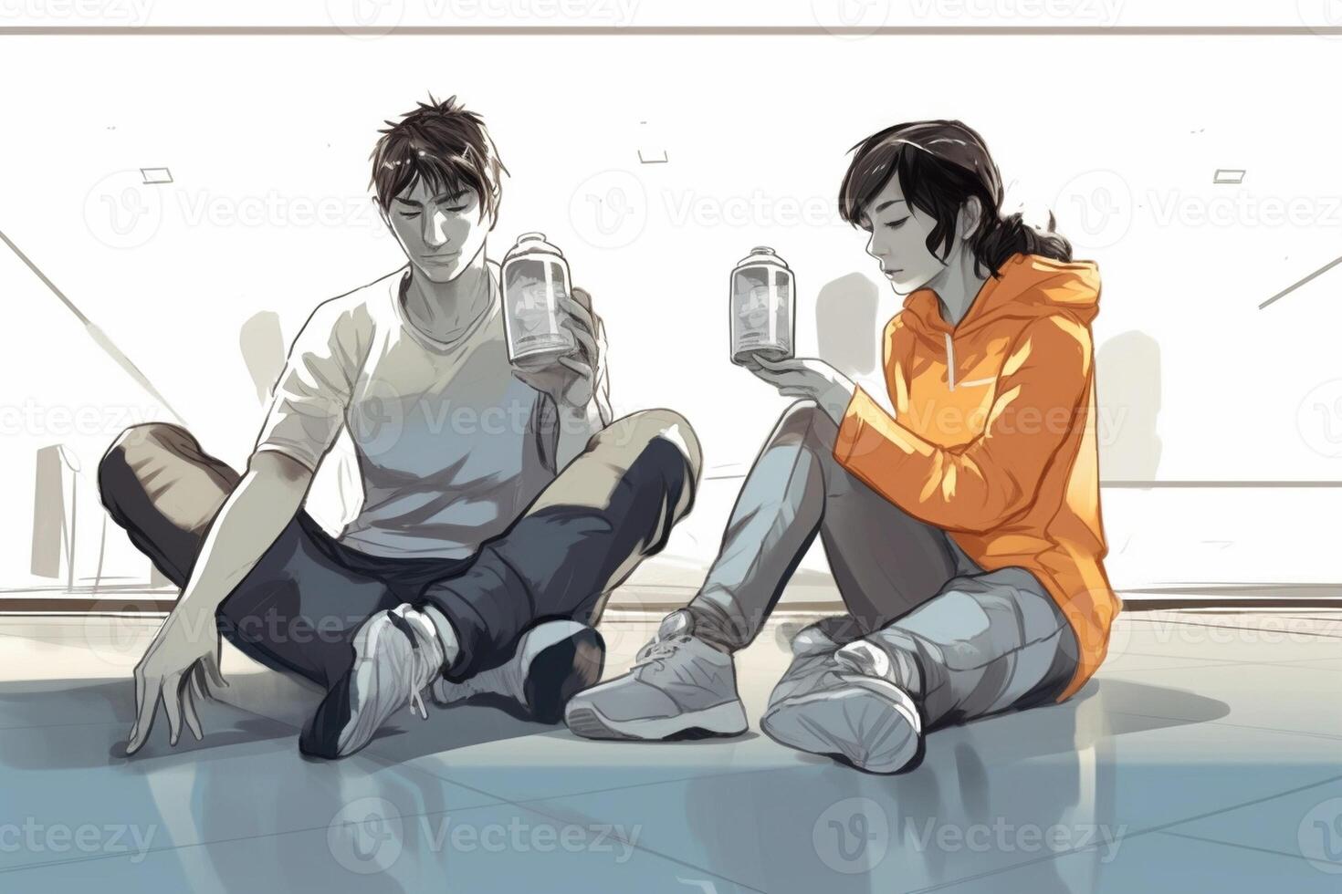 AI Generative Man and woman drinking energy drink from bottle after fitness sport exercise photo