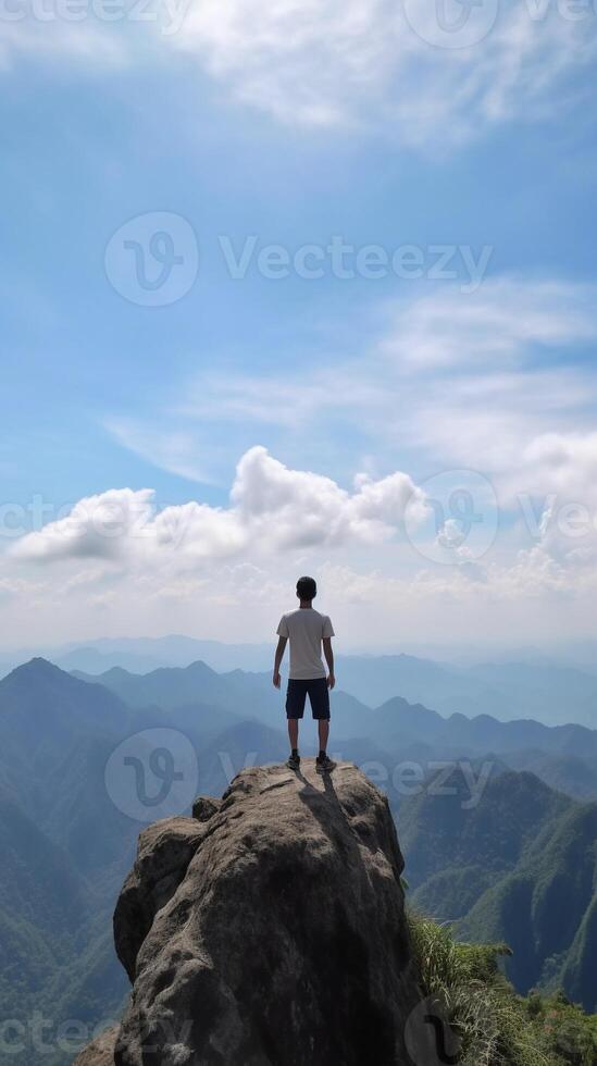 ai generativo hombre es disfrutando el paisaje en el montaña parte superior pov ver foto