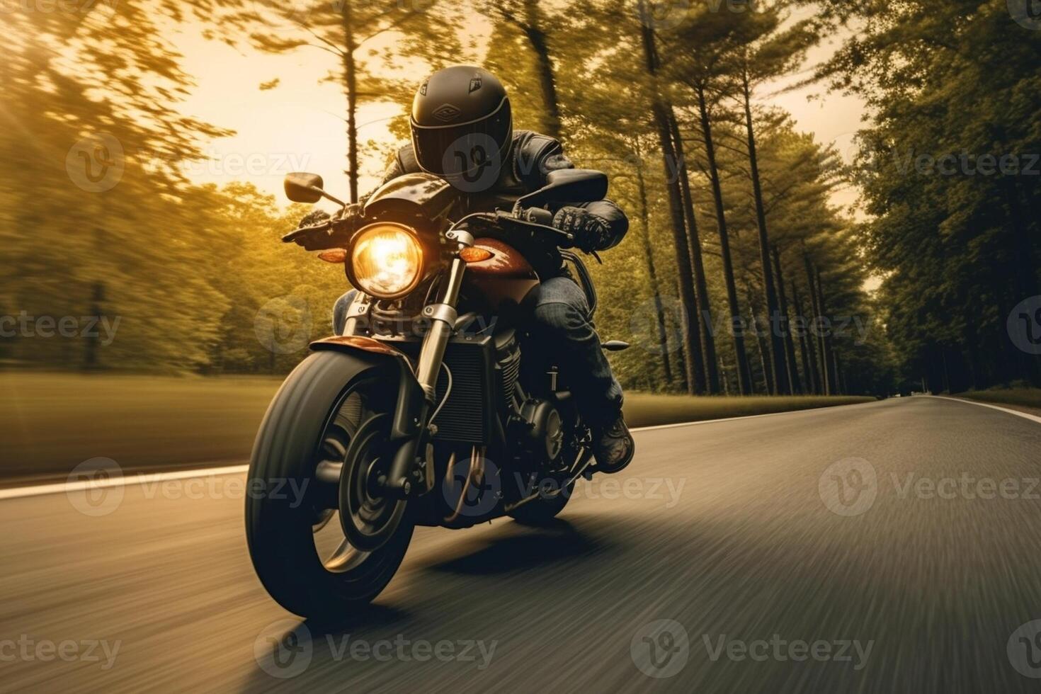 ai generativo hombre es montando un motocicleta en el asfalto la carretera foto