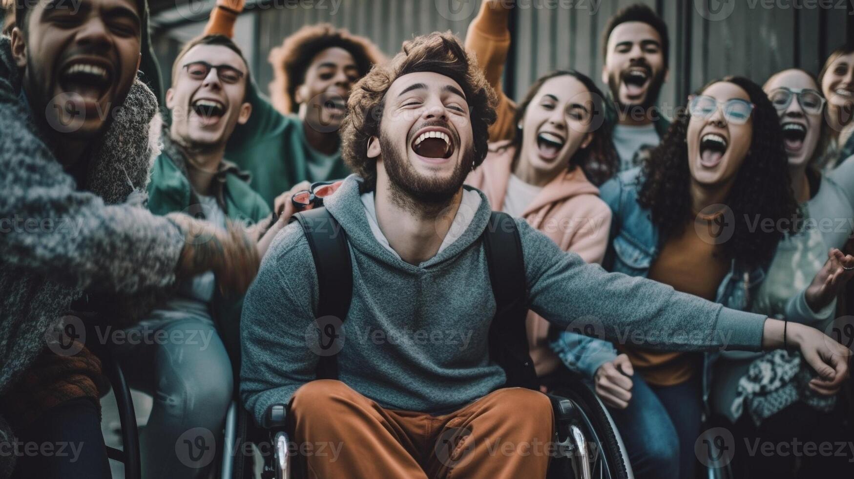 AI Generative Man on wheelchair with friends having fun watching smart mobile phone device  Happy teenagers posting picture on social media  Youth lifestyle concept photo