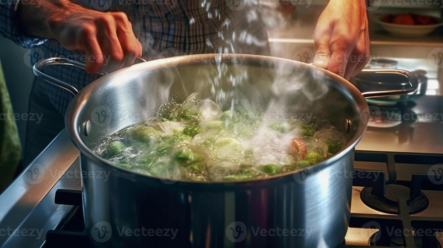 ai generativo hombre salazón hirviendo agua en maceta en estufa de cerca foto