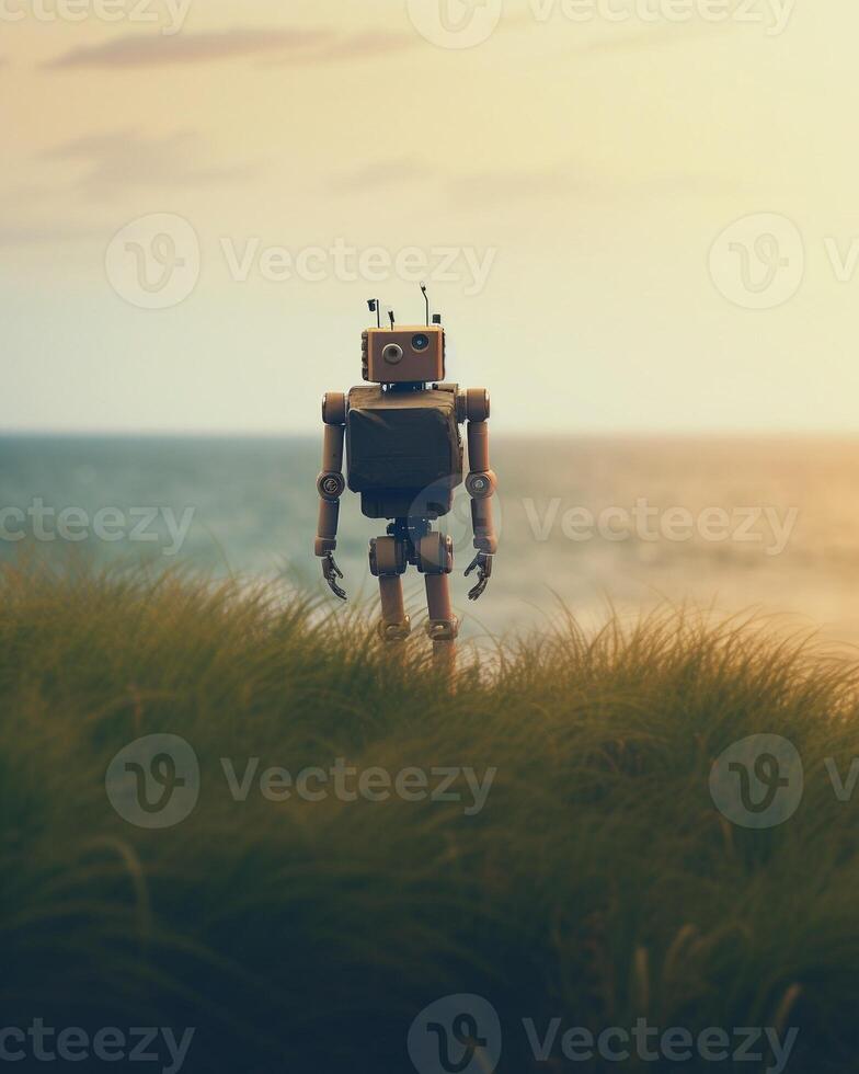 AI Generative Man with backpack walking on the beach at sunset  Travel lifestyle concept  Golden filter photo