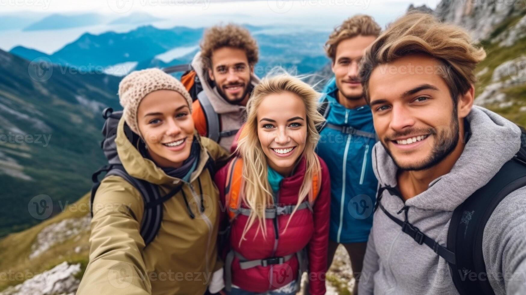 AI Generative Millenial friends taking selfie on the top of the mountain  Young people on a hiking trip celebrate reaching the summit  Hikers climbing cliff together photo