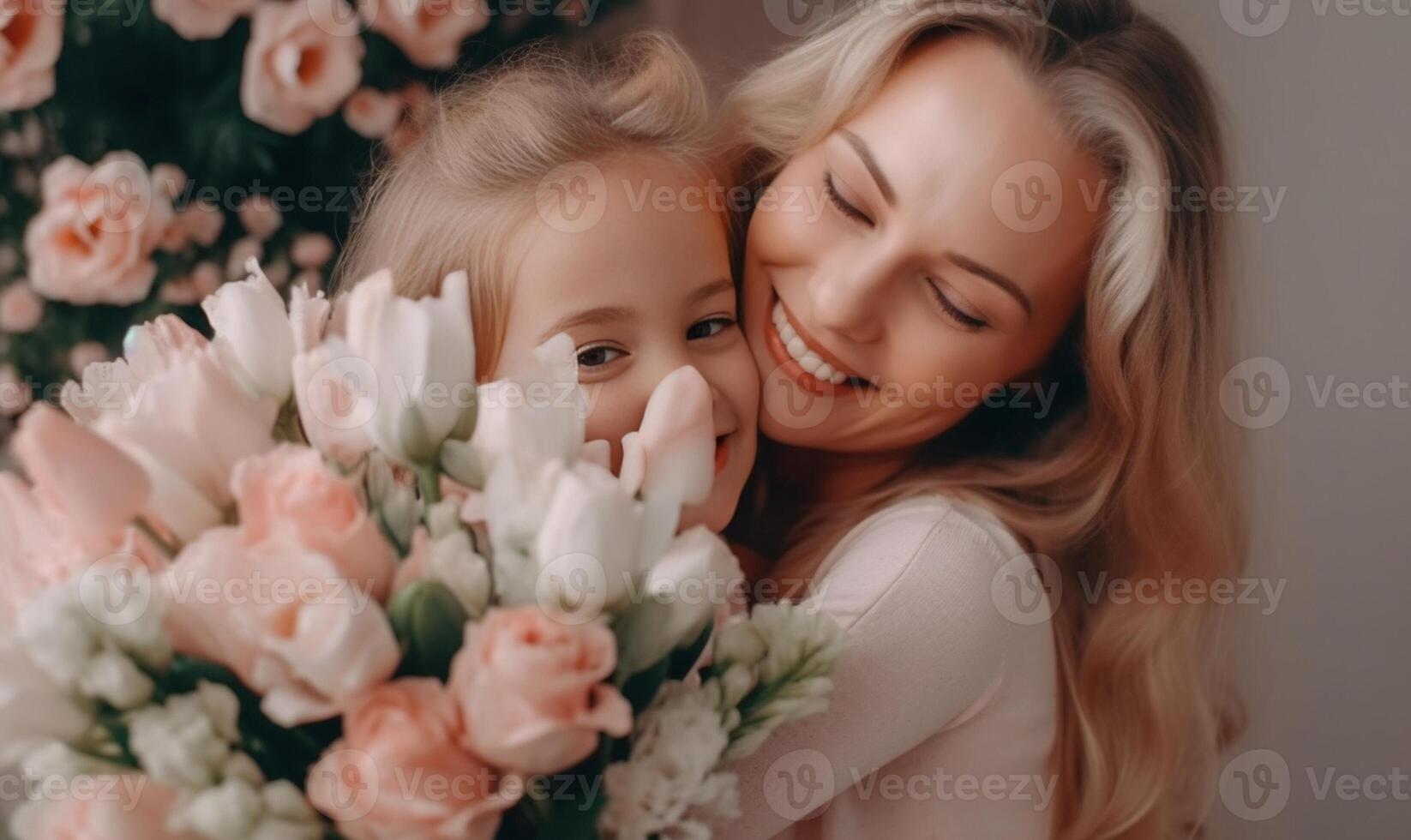 AI Generative Mother day concept Love of mother and daughters Joyful mum is holding nice flowers and is receiving kiss from her two dauthers Vintage filter photo